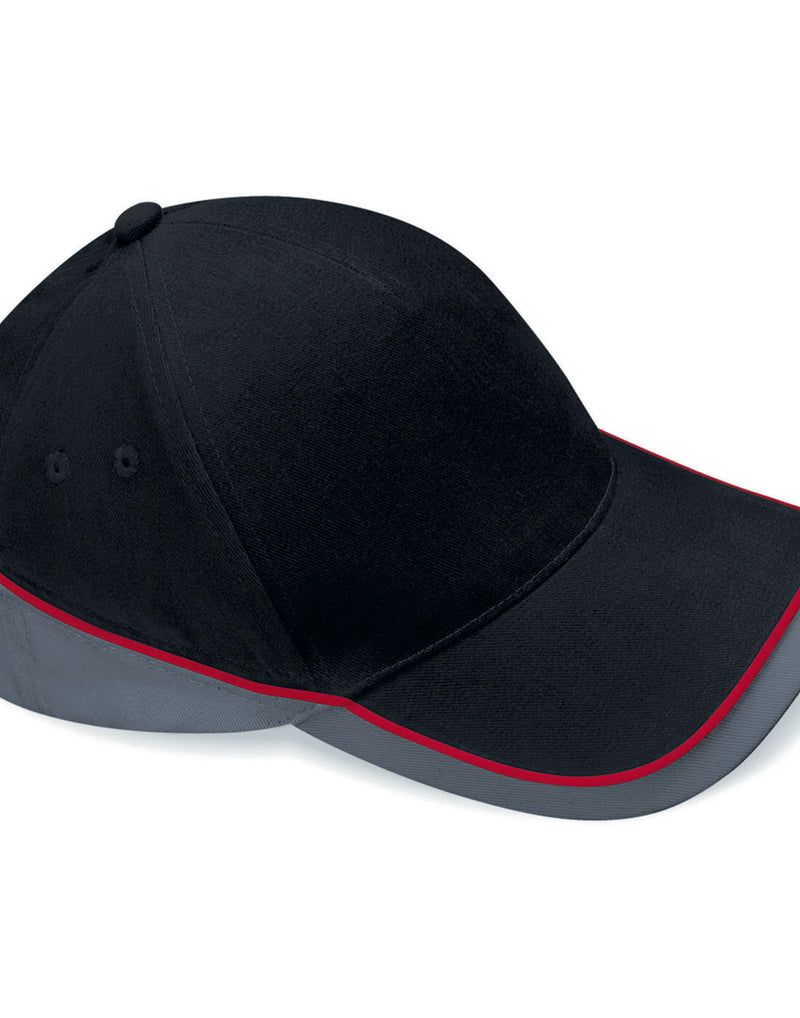 Black front, graphite peak, and classic red mesh Beechfield B171 trucker cap.