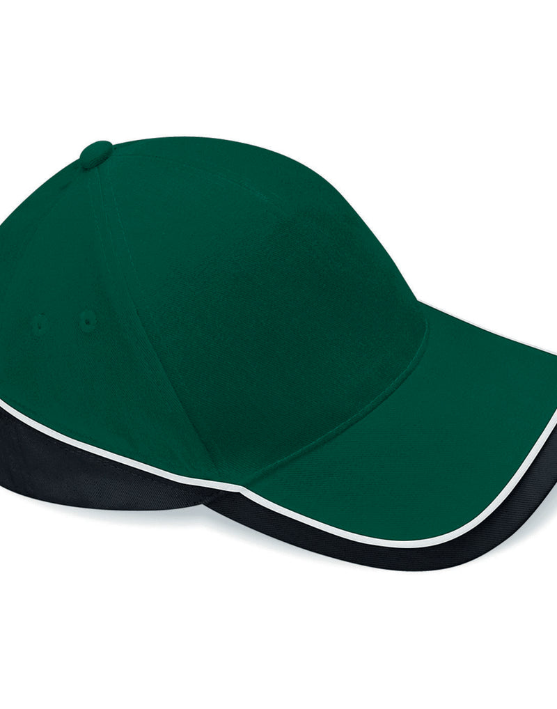 Bottle green front, black peak, and white mesh Beechfield B171 trucker cap.