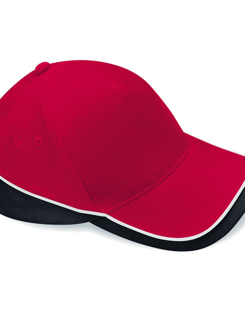 Classic red front, black peak, and white mesh Beechfield B171 trucker cap.