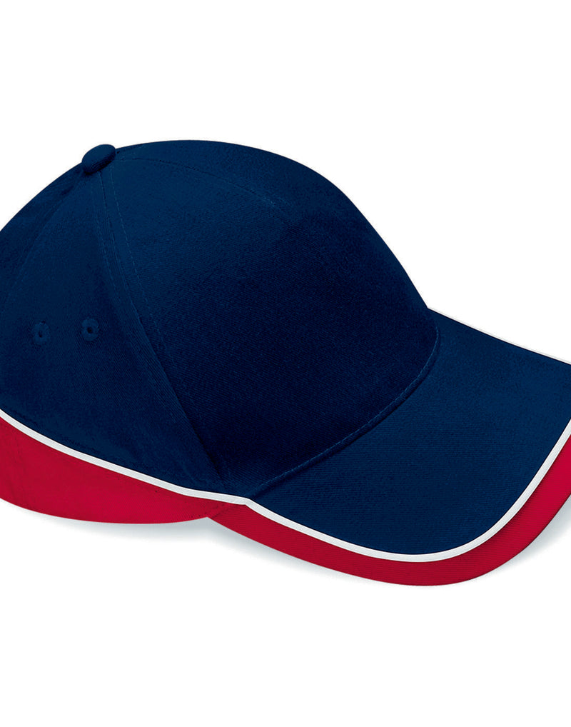 French navy front, red peak, and white mesh Beechfield B171 trucker cap.