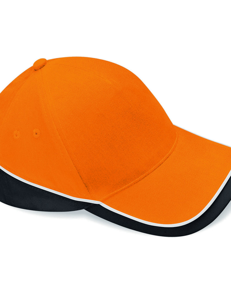 Orange front, black peak, and white mesh Beechfield B171 snapback trucker cap.