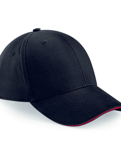 Black Beechfield B20 cap with a classic red trim on the sandwich peak.