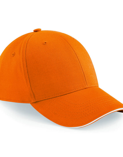 Bright orange Beechfield B20 cap with a white detail in the sandwich peak.