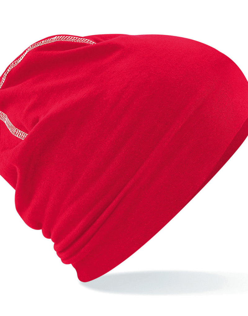 Classic red and white Beechfield B366 athletic snapback trucker cap.