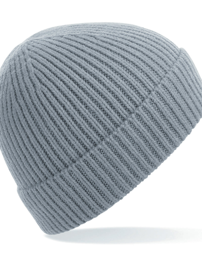 Light grey Beechfield B380 organic cotton beanie, shown from the front.