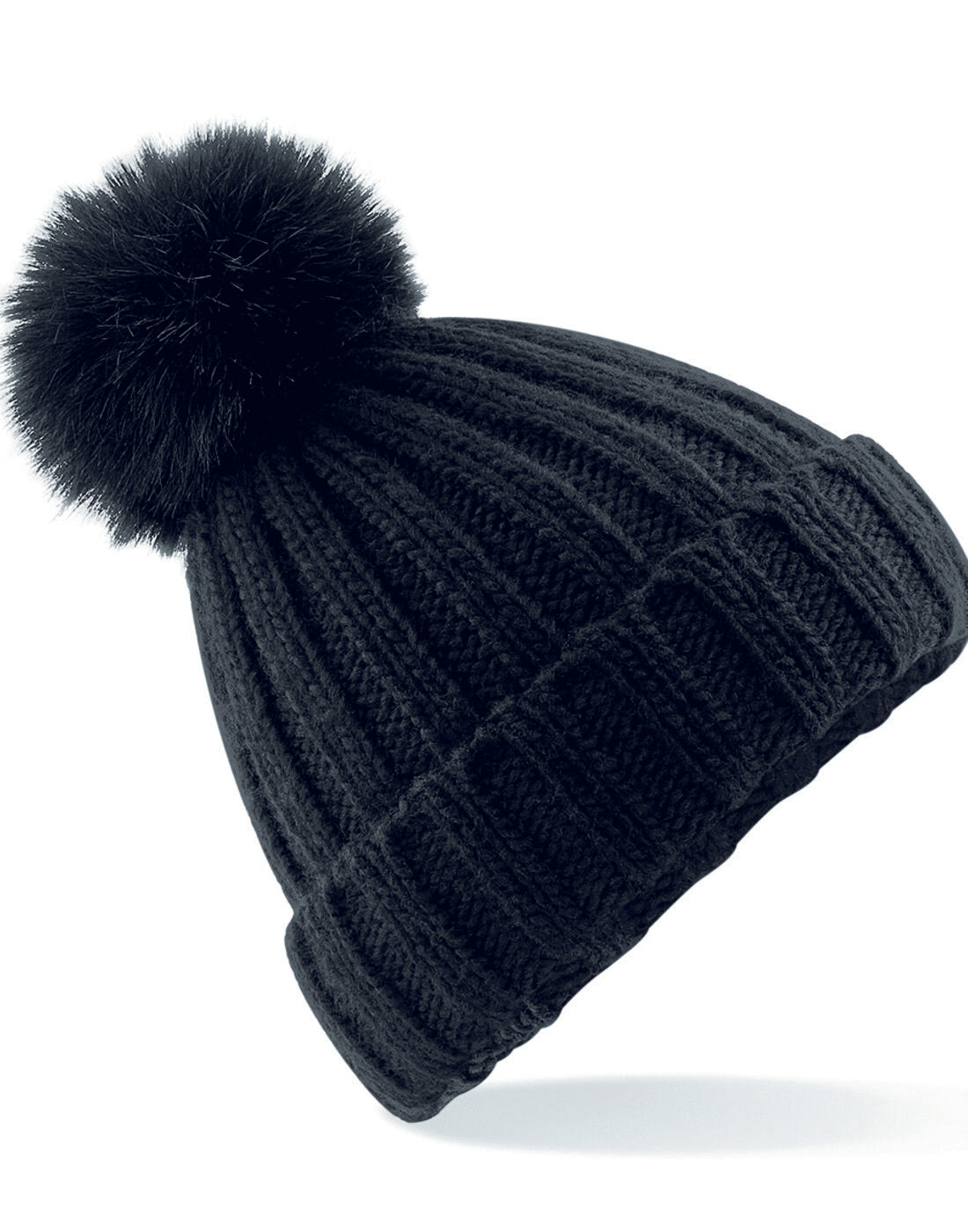 Solid black Beechfield B413 cozy chunky beanie, front angle.