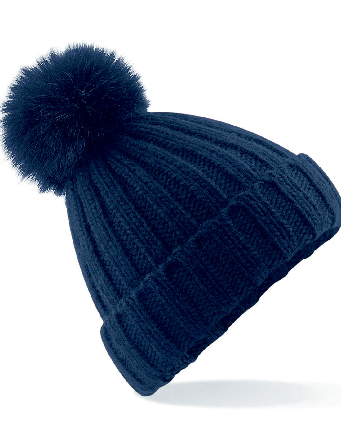 Classic navy Beechfield B413 cozy chunky knit beanie, side view.
