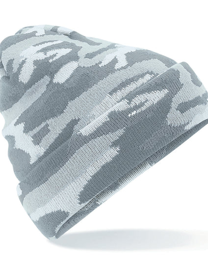 Arctic camo print Beechfield B419 trucker snapback with a black mesh back.