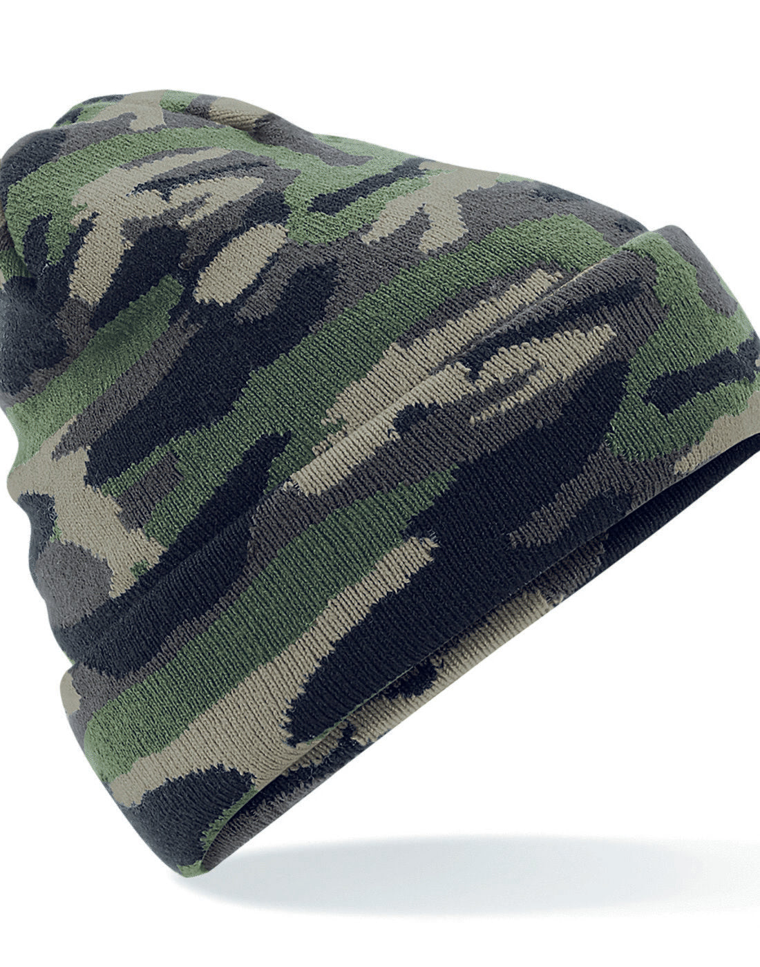 Classic jungle camo Beechfield B419 trucker snapback with black mesh.