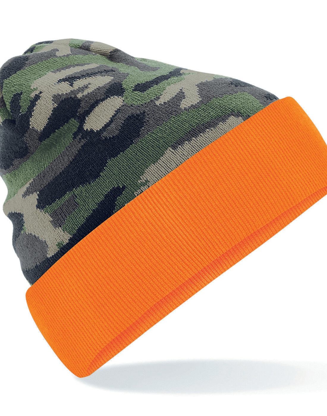 Jungle camo Beechfield B419 trucker cap with a bright orange mesh back.