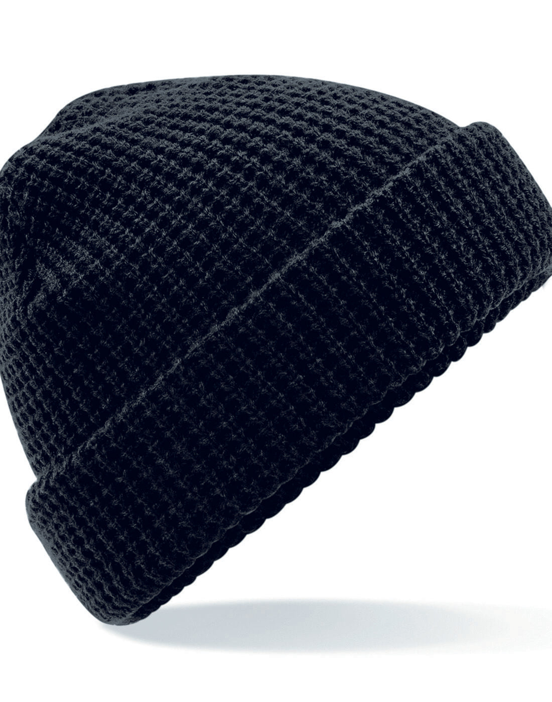 Black Beechfield B422 beanie with a detailed cable knit melange pattern.