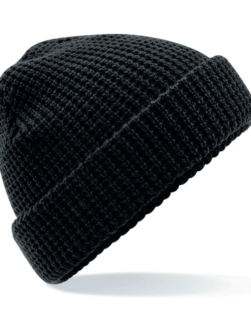 Black Beechfield B422 beanie with a detailed cable knit melange pattern.
