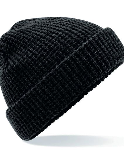 Black Beechfield B422 beanie with a detailed cable knit melange pattern.
