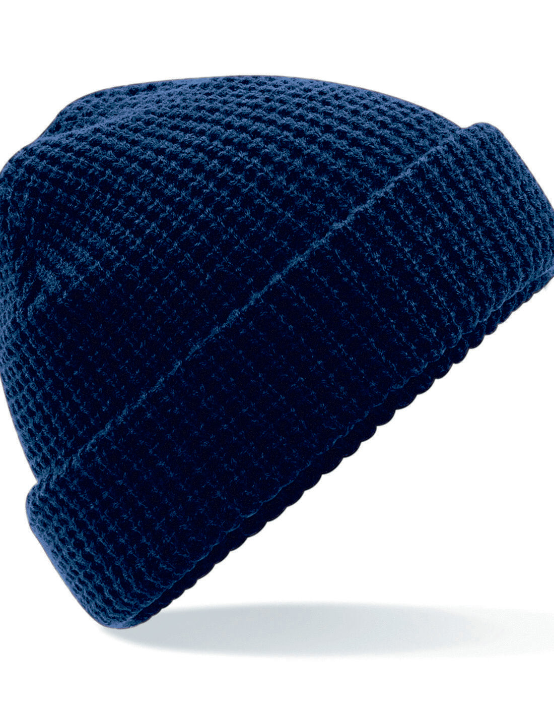 French navy Beechfield B422 cable knit melange beanie with a ribbed cuff.