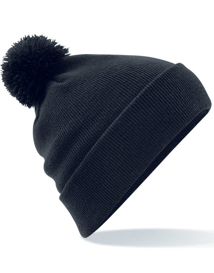 Black Beechfield B426 beanie featuring a cable knit and a yarn pom pom.