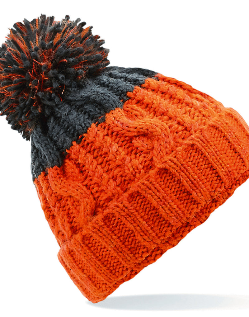 Orange and graphite grey Beechfield B437 recycled contrast pom pom beanie.