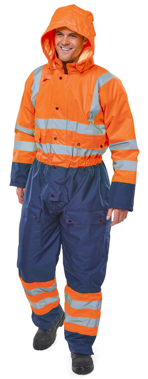 Beeswift Two Tone Hiviz Thermal Waterproof Coverall Orange / Navy