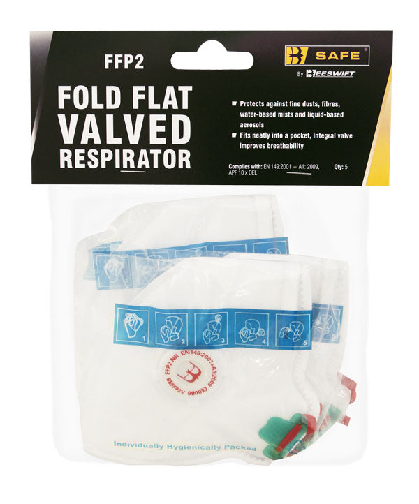 B-Safe FFP2V fold-flat valved respirator mask, shown flat. 5-pack packaging.