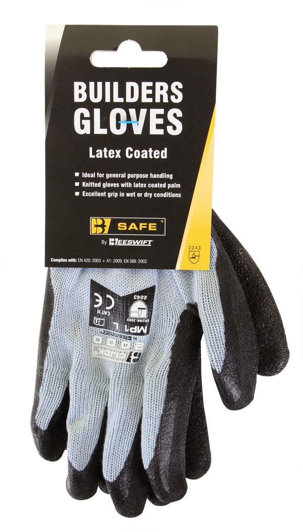 B-Safe blue latex-coated builder's glove with a textured grip.