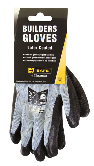 B-Safe blue latex-coated builder's glove with a textured grip.