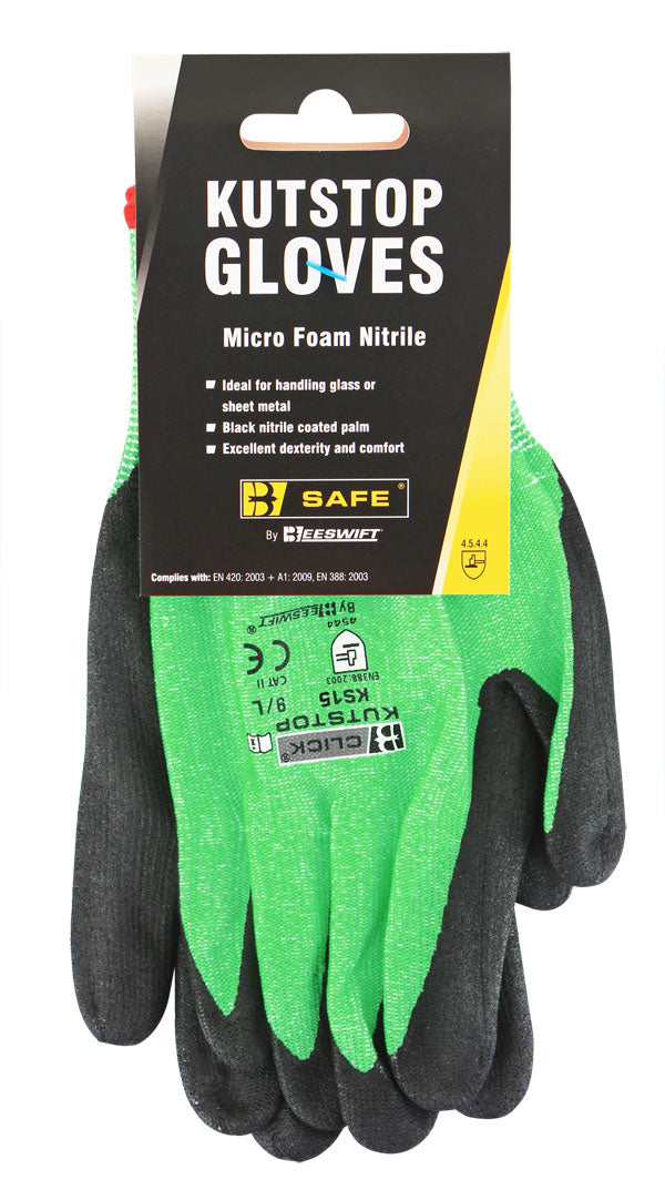 B-Safe Kutstop gloves with micro-foam nitrile for grip and cut protection.