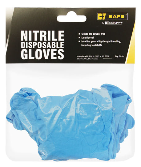 Blue nitrile disposable glove from B-Safe, offering chemical resistance.