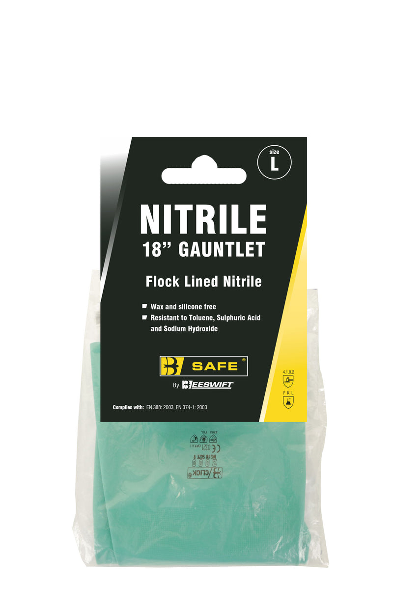 B-Safe 16-inch green nitrile gauntlet glove for heavy-duty protection.