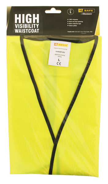B-Safe high-visibility yellow vest with reflective silver stripes.