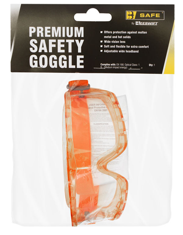 B-Safe premium safety goggle with a wide lens and anti-fog coating.