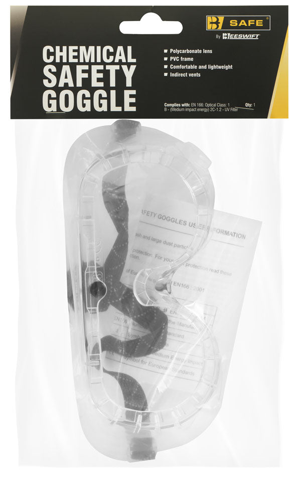 B-Safe chemical-resistant safety goggle with an indirect ventilation system.