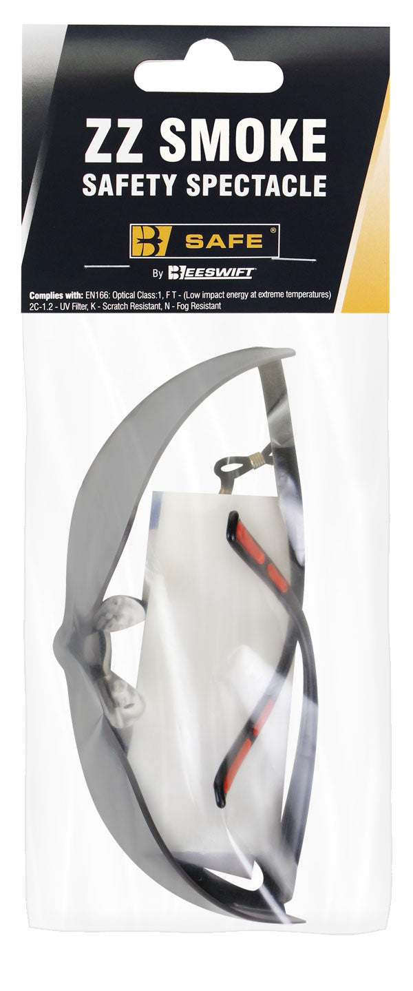 B-Safe ZZ safety glasses with smoke-tinted lenses and black frames.