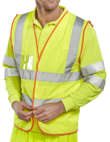 B-Safe high-visibility yellow waistcoat conforming to EN471 standards.