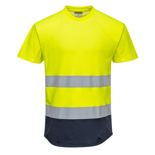 Bright yellow stretch knit fabric, perfect for athletic apparel.