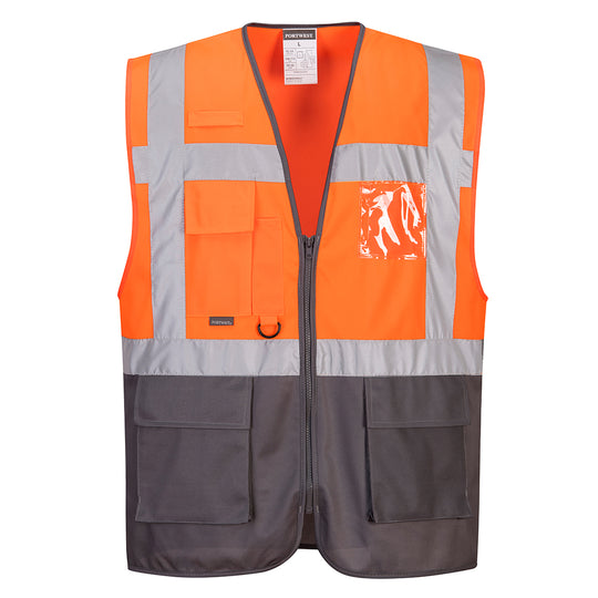Orange and gray striped fabric, modern and versatile for clothing.