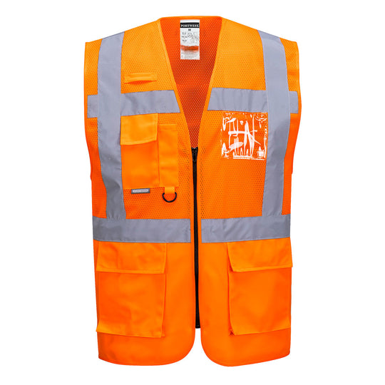 Orange mesh hi-vis safety vest with multiple pockets and reflective stripes