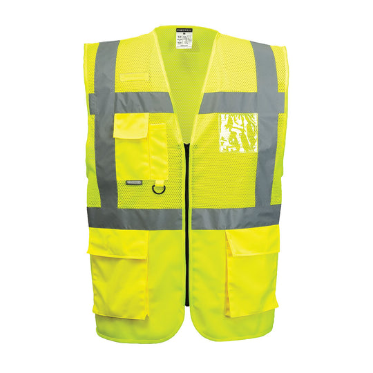 Yellow mesh hi-vis safety vest with zip closure and reflective tape