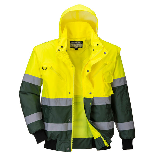 Yellow and green waterproof hi-vis jacket with hood and reflective bands