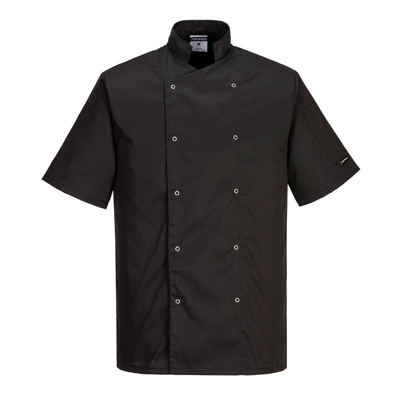Black short-sleeve Portwest Cumbria Chefs Jacket C733 with double-breasted button front.