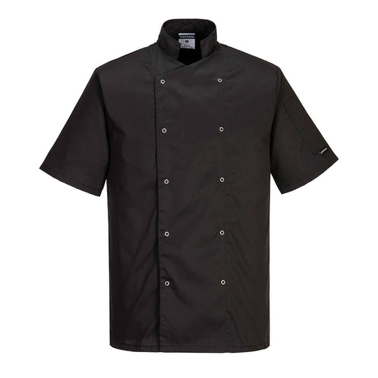 Black short-sleeve Portwest Cumbria Chefs Jacket C733 with double-breasted button front.