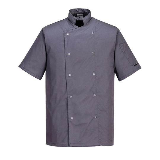 Slate grey Portwest Cumbria Short Sleeve Chefs Jacket C733 designed for professional kitchen environments.