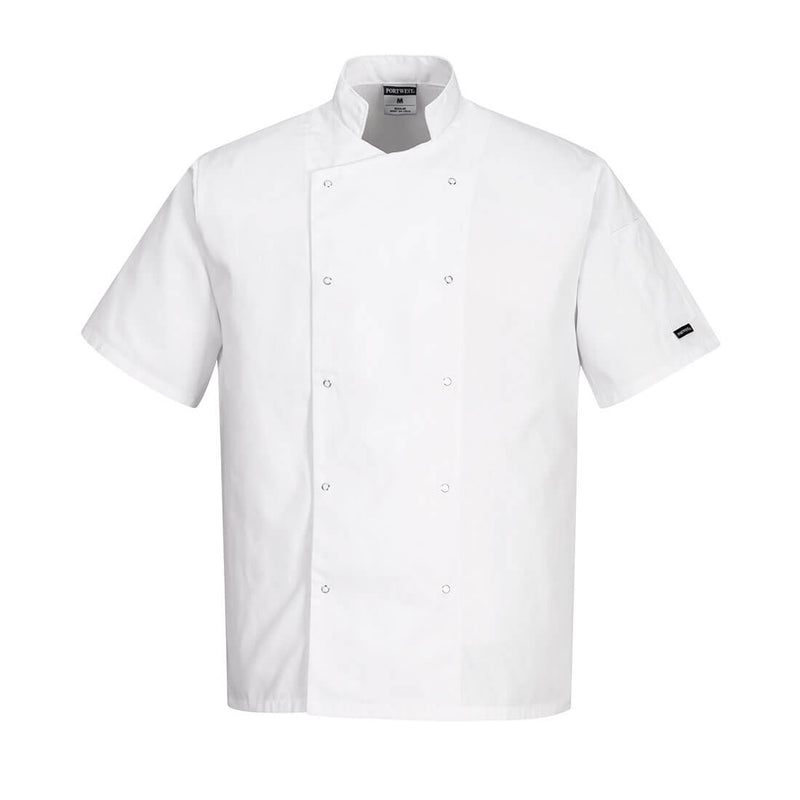 Classic white short-sleeve Portwest Cumbria Chefs Jacket C733, a staple for culinary professionals.