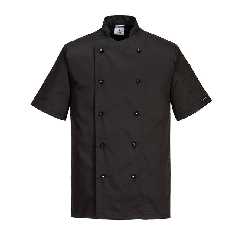 The Portwest Kent Chefs Jacket C734 in black, featuring a concealed stud front for a sleek look.