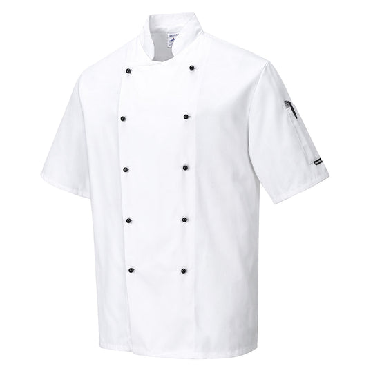 White short-sleeve Portwest Kent Chefs Jacket C734 with a modern, minimalist design.
