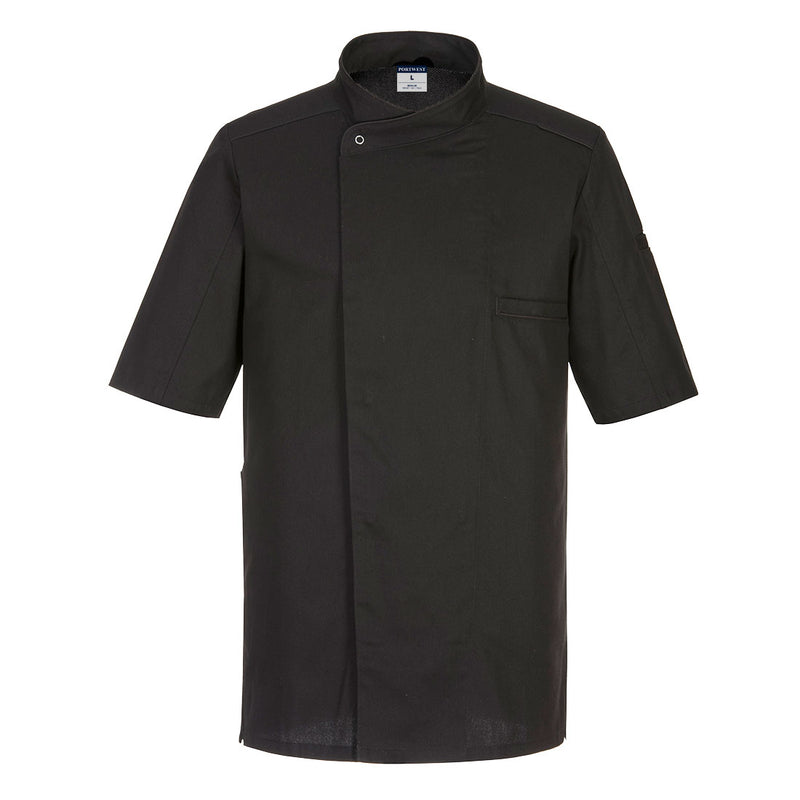 Portwest Surrey Chefs Jacket C735 in black, a short-sleeve coat with a traditional collar.
