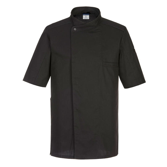 Portwest Surrey Chefs Jacket C735 in black, a short-sleeve coat with a traditional collar.