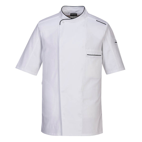 Crisp white Portwest Surrey Chefs Jacket C735, offering a professional appearance for chefs.