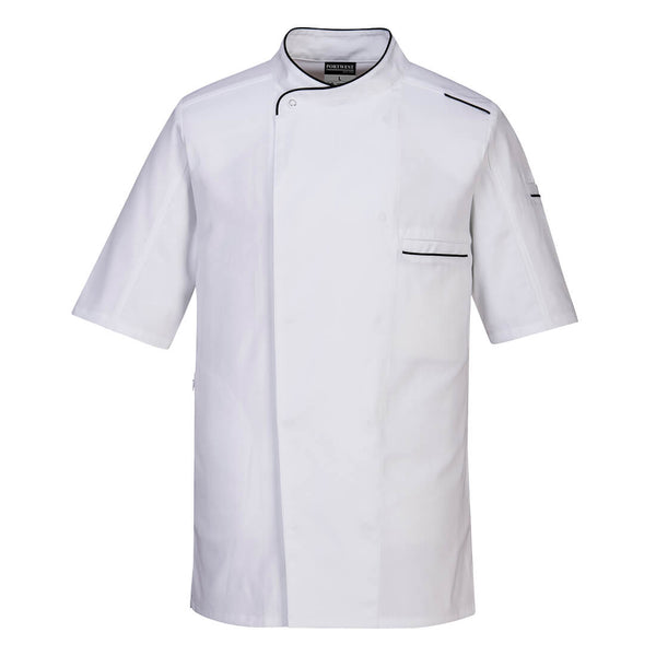 Crisp white Portwest Surrey Chefs Jacket C735, offering a professional appearance for chefs.