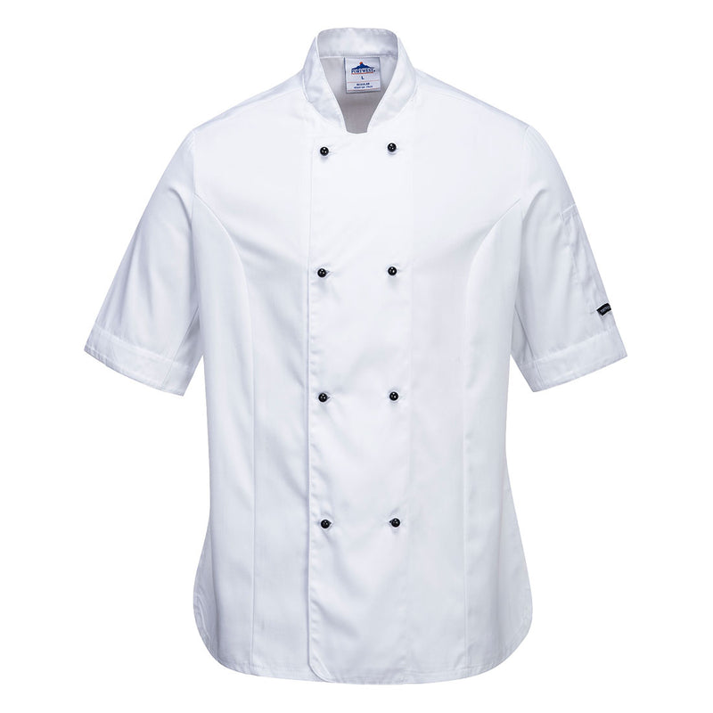 White Portwest Rachel Women's Chefs Jacket C737, offering a stylish and comfortable fit for women.