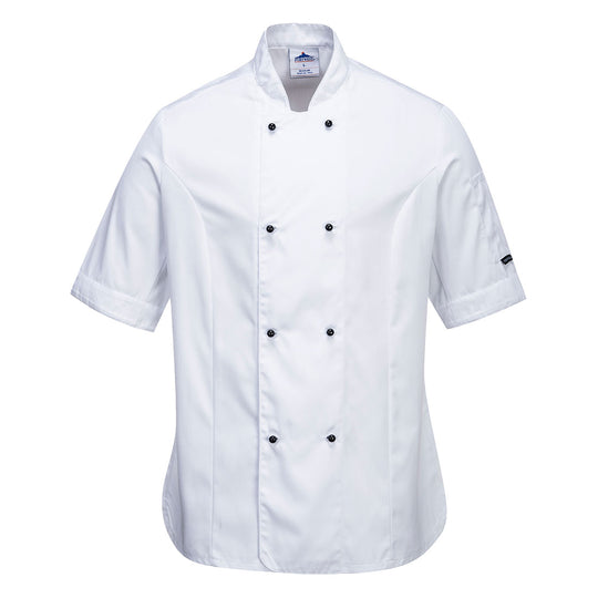 White Portwest Rachel Women's Chefs Jacket C737, offering a stylish and comfortable fit for women.