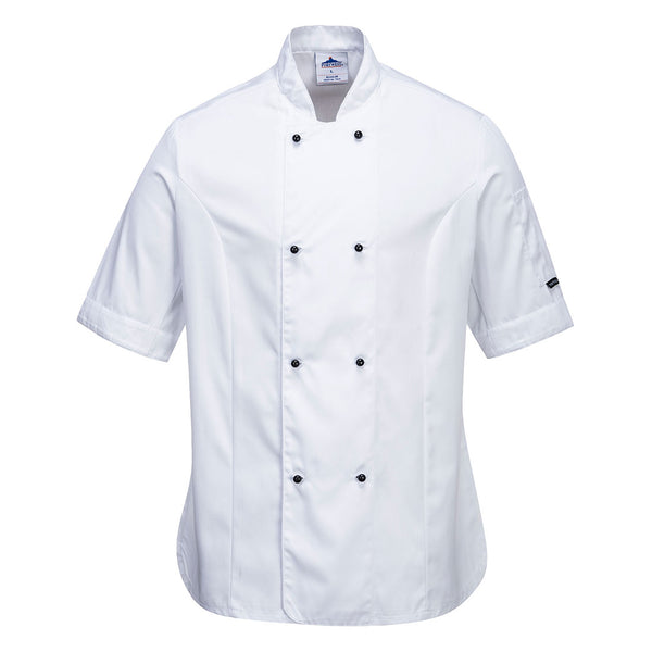 White Portwest Rachel Women's Chefs Jacket C737, offering a stylish and comfortable fit for women.
